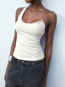 Maija Women's Solid Color Metal Chain Strap Fitted Tank Top Valentine's Day,Going Out Tops Women - White - View 6