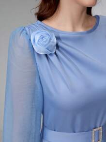 Modelyn 法式优雅花朵灯笼袖连衣裙 - 淺藍色 - 查看 4