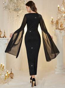 Modelyn Women's Elegant Party Cloak Sleeve Fitted Dress - Black - View 4