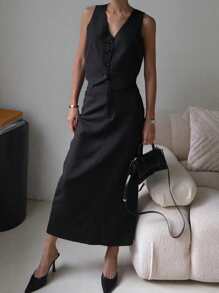 DAZY Conjunto de 2 piezas de chaleco y falda de unicolor para uso casual y de oficina para mujeres