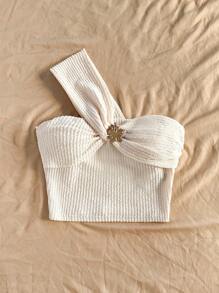 Soleia 女士纯色斜肩无袖修身休闲度假衬衫 - 白色 - 查看 3