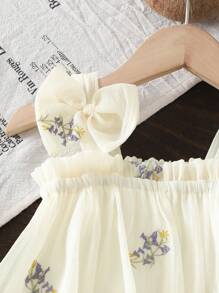 Souflis Souflis 女宝宝休闲夏季韩版可爱吊带蝴蝶结刺绣花朵编织杏色连衣裙 - 黃色 - 查看 6