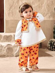 SHEIN 3pcs/Set Girls Floral Print Short Cardigan, Top & Pants Summer Outfit - Orange - View 3