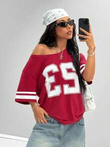 Coolane Camiseta roja para mujer con hombros descubiertos, estampado digital y bloques de color a rayas, de uso diario y para ocasiones, estilo vintage, para el Año Nuevo