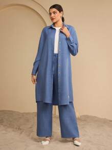 Graceveil 女士长袖衬衫和裤子阿拉伯风格套装，朴素 - 藍色 - 查看 7