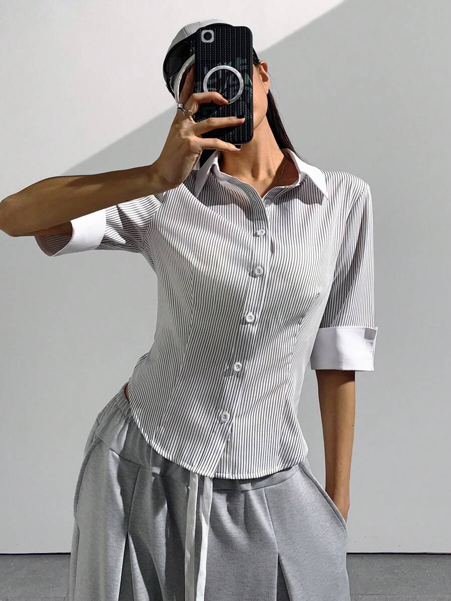 StreetHx 女士休闲条纹短袖修身衬衫