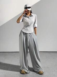 StreetHx 女士休闲条纹短袖修身衬衫