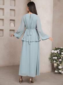 Veilorie Women's Solid Color Pleated Raglan Sleeve Elegant Arabian Style Long Dress - Mint Green - View 2