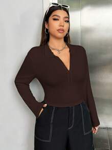 SHEIN EZwear Plus Size Women Solid Color Turndown Collar Long Sleeve Casual T-Shirt