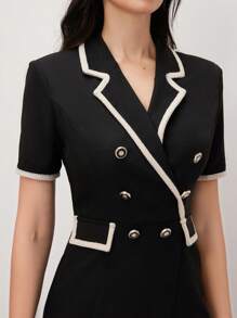 BizChic Black Notched Collar Double-Breasted Elegant Jumpsuit, Suitable For Work, Spring/Summer - Black - View 5