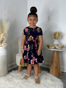 SHEIN Leap Crew SLAYR KIDS Young Girls' Casual Fashion Knitted Printed Round Neck Short Sleeve Mini Dress - Multicolor - View 2