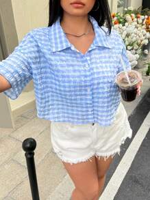 SHEIN EZwear Camisa corta de manga corta a cuadros azules y blancos en talla grande - Azul y blanco - Ver 1