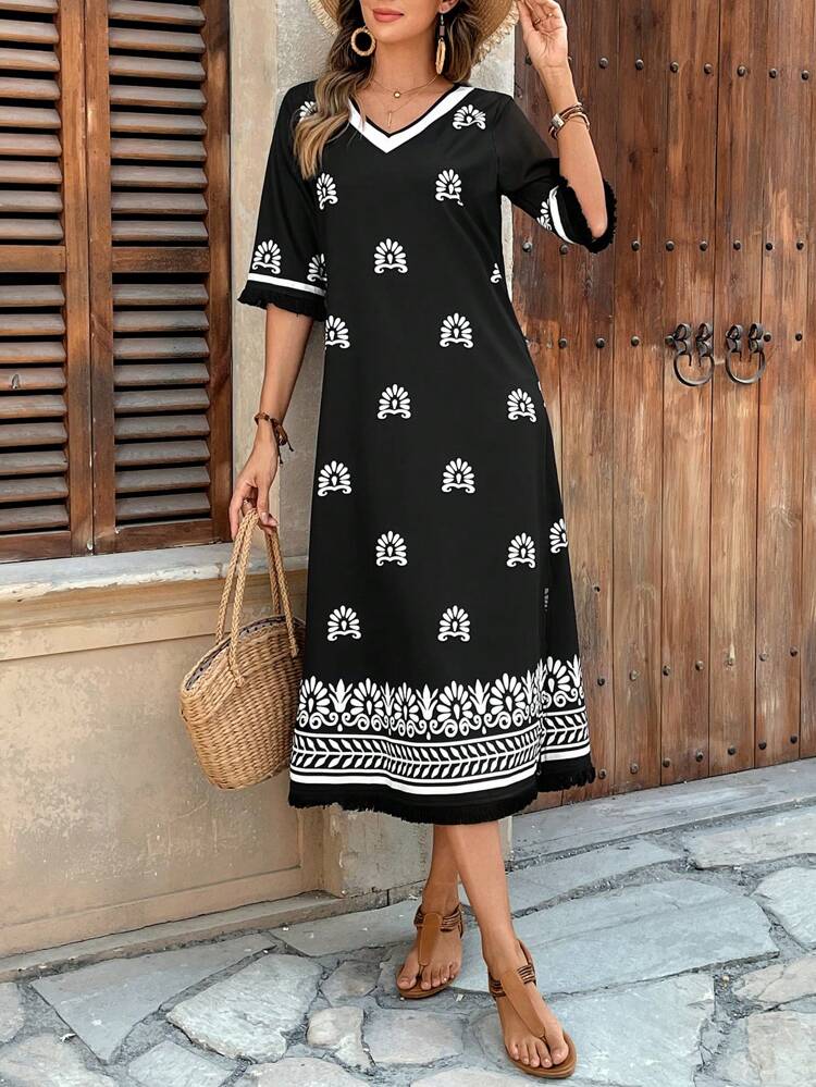 Women's Floral Print V-Neck Short Sleeve Loose Mid-Length Dress, Suitable For Vacation