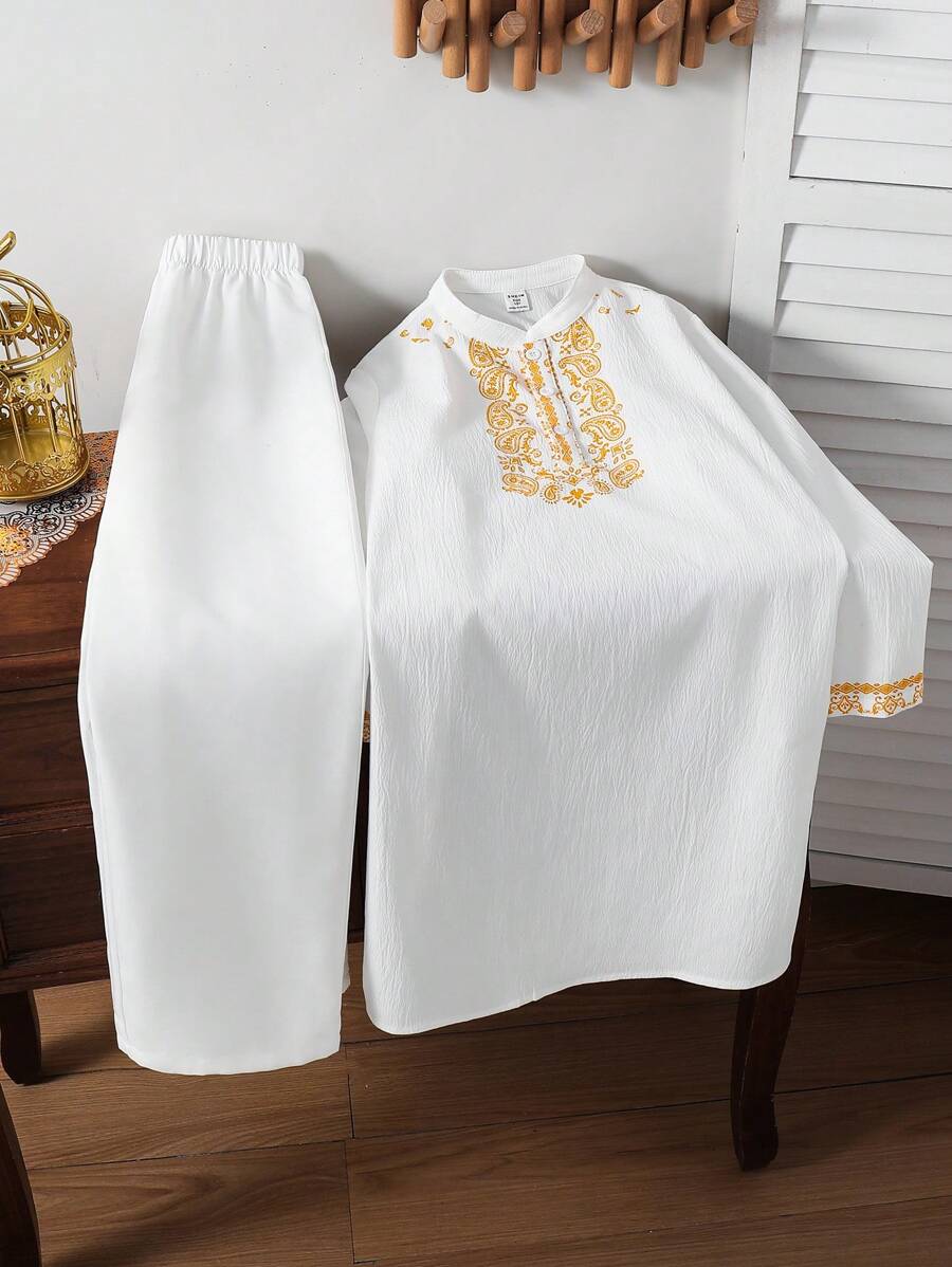 SHEIN Leap Crew 2pcs/Set Tween Boy Casual Gentleman Style Mandarin Collar Long Sleeve Shirt Jacket And Pants Set, Suitable For Commuting, School, Daily Casual Wear, Sports, Spring/Summer - White - View 1