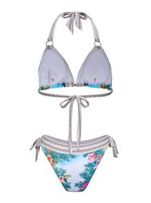 Swim Chiccia Women 2 Pieces Vintage Graphic Print Triangle Halter Bralette Top And Side Tie Bottoms Bikini Swimwear Sets, Beach Outfits For Summer