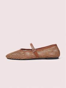 CUCCOO DOLLMOD Women's Flat Round Toe Woven Material Mary Jane Shoes, Simple Elegant Fashion For Vacation - Brown - View 6
