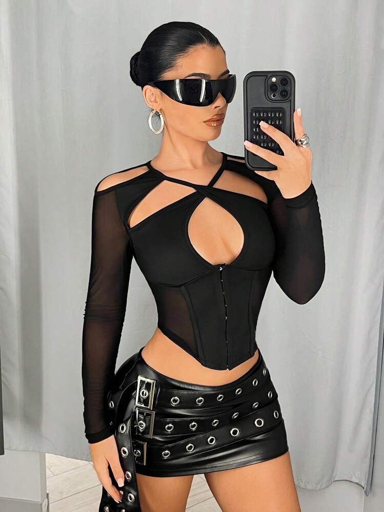 SHEIN ICON 时尚性感长袖网纱拼接露肩短款上衣，春夏音乐会复活节圣帕特里克节 - 黑色 - 查看 10