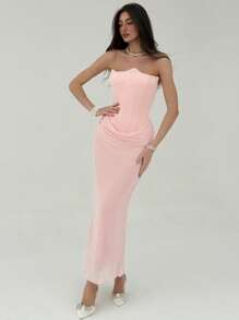 Aloruh 女士纯色褶皱无袖长裙 - 粉色 - 查看 7