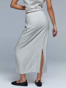 Athîral Women Stone High Waist Straight  Linen Look Midi Skirt - Apricot - View 4