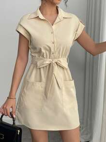 Chiquease Women's Solid Color Short Sleeve Single-Breasted Pocket Casual Shirt Dress