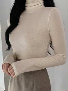 DAZY Women's Casual Solid Color Turtleneck Tight-Fitting T-Shirt, Autumn/Winter