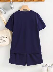2pcs/Set Young Boys Casual Comfortable Contrast Color Short Sleeve Top And Shorts Set
