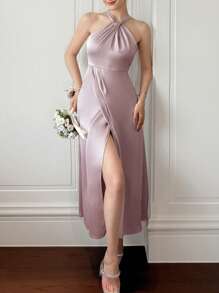 DAZY Vestido midi elegante de mujer con abertura en el bajo, de unicolor y escote halter, vestido de verano formal para mujer