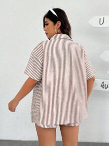 SHEIN EZwear 2pcs Woven Khaki & White Striped Women's Casual Shirt And Shorts Set