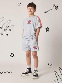 SUMWON 费城冠军队儿童两件套运动套装休闲运动训练夏季旅行装带侧条纹小学初中休闲服套装百搭运动服 - 灰色 - 查看 1