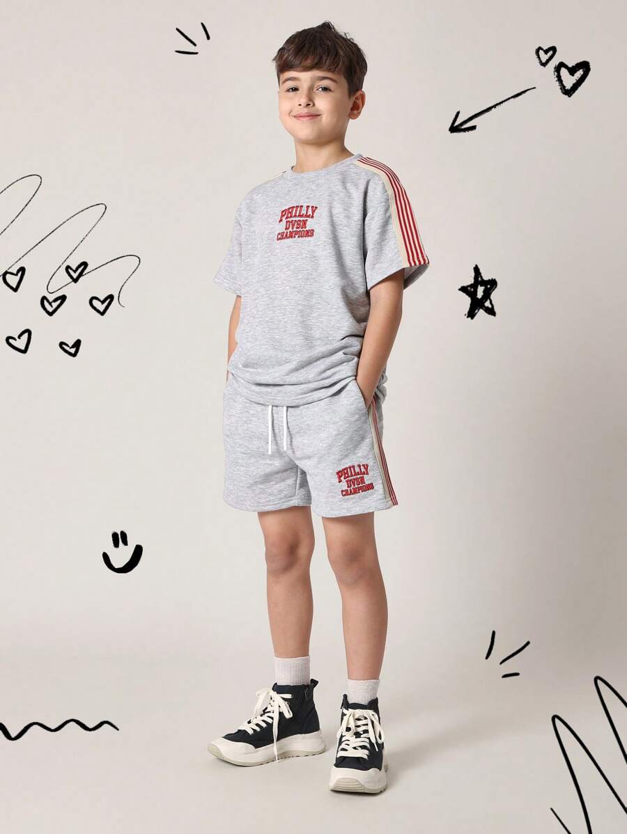 SUMWON 费城冠军队儿童两件套运动套装休闲运动训练夏季旅行装带侧条纹小学初中休闲服套装百搭运动服 - 灰色 - 查看 1