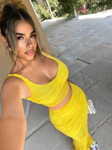 Zolique Women's Yellow Truncated Sexy Lace Contrast Mesh Vest Fishtail Long Skirt Two-Piece Vacation Set