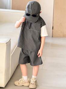 SHEIN Leap Crew 2 Packs Young Boys Boys' Casual Sports College Art Retro Japanese And Korean Loose-Fitting Striped 2 In 1 T-Shirt And Shorts Set Suitable For Kids Outfits Young Boy Clothes Back To School Boys Set Suitable For Birthday Parties, Evening Parties, Performances, Weddings, Baptisms, Opening Ceremonies, Daily Suitable For Daily Use Suitable For School Suitable For Travel Suitable For Sports Suitable For Spring And Summer Seasons - Black - View 2