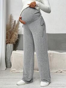 SHEIN High Waist Ruched Side Bow Maternity Pants With Adjustable Waistline - Light Grey - View 5