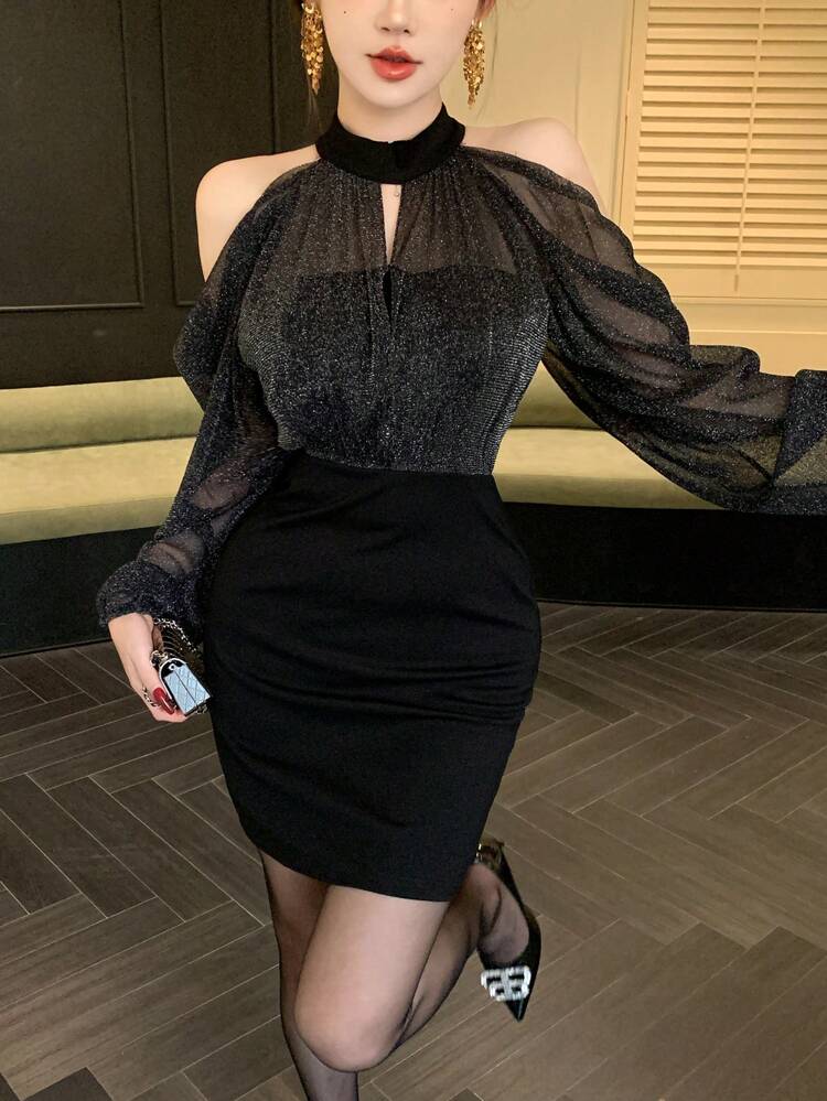 Women's Shiny Off-Shoulder Long Sleeve Ruched Fashion Dress