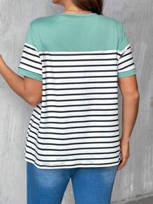 SHEIN LUNE Plus Size Women Colorblock Stripe Round Neck Short Sleeve Casual T-Shirt - Multicolor - View 2