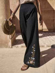 LanaWest Women's Embroidered Flared Leg Casual Vacation Pants - Black - View 1