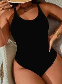 Swim Lushoire Plus Size Black One-Piece Backless Solid Color Basic Round Neck Swimsuit For Summer Beach Vacation - Black - View 1