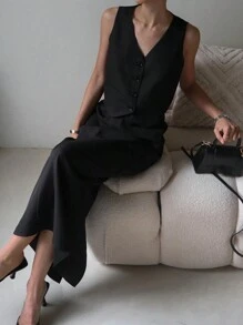 DAZY Conjunto de 2 piezas de chaleco y falda de unicolor para uso casual y de oficina para mujeres