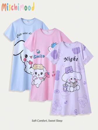 3pcs/Set Young Girl Cute Cartoon Animal Print Short Sleeve Midi Nightgown Pajamas, Spring/Summer Cute T Shirts Shirts Cute Clothes For Girls 10 Clothes For Girls 8 Girl Clothes Shirts Spring Summer Clothes Holiday Travel Releax Summer Clothes