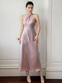 DAZY Vestido midi elegante de mujer con abertura en el bajo, de unicolor y escote halter, vestido de verano formal para mujer