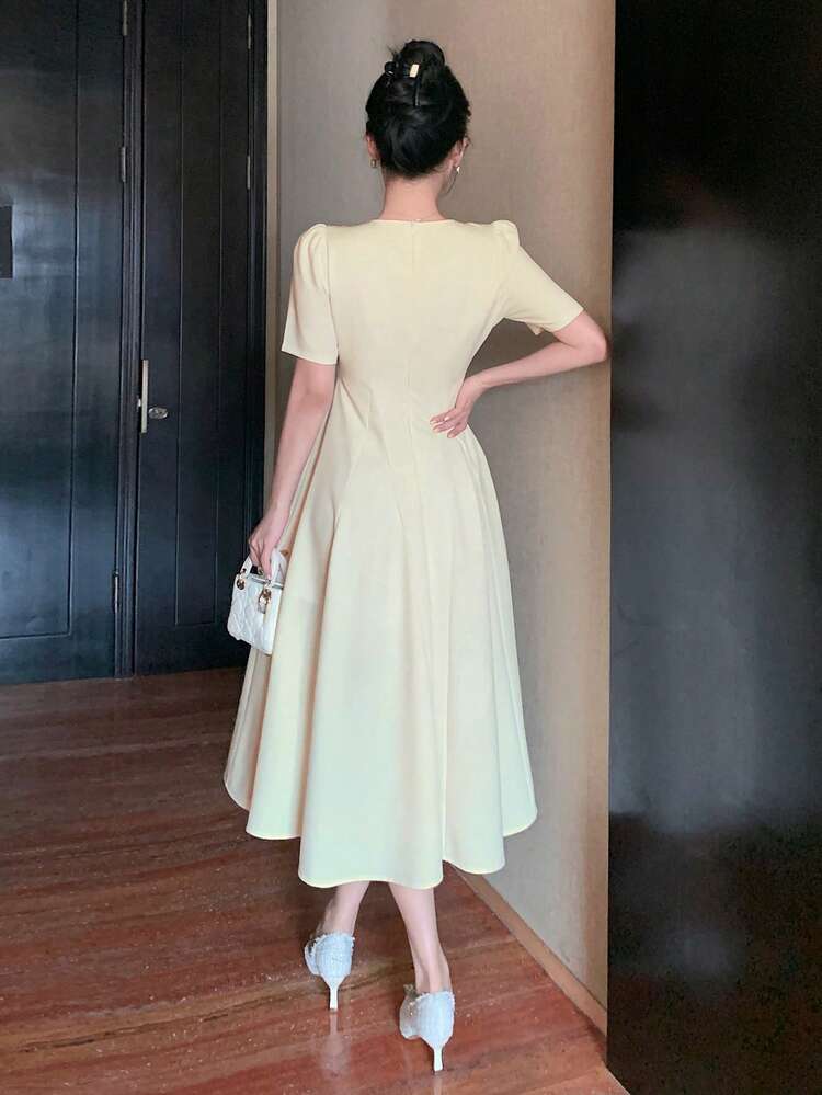 Solid V-Neck Puff Sleeve Women's Mid-Length Dress Prom Dress Sundress,Formal Women Dresses Elegant Women Dresses Maxi Dress