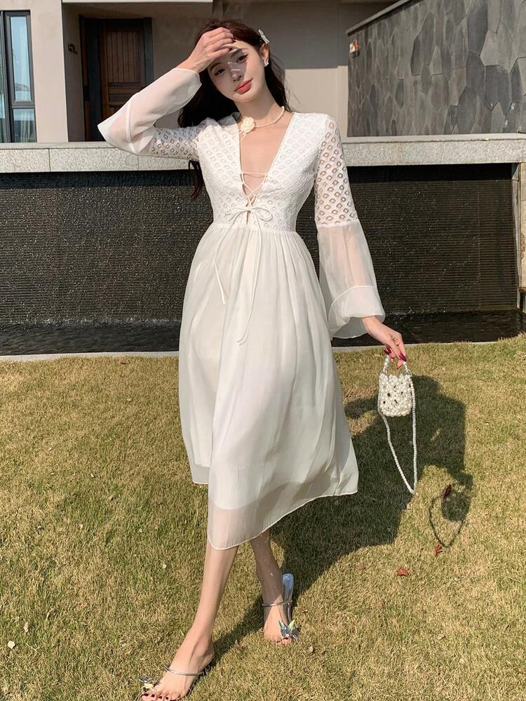 Beach Vacation Sheer Lace Jacquard Mesh Patchwork V-Neck Flared Sleeve Waist Cinched Women Dress,Fall Dress Long Sleeve Dress Maxi Dress