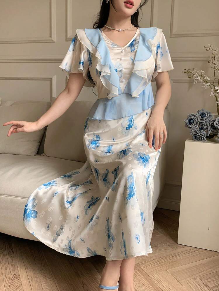 Robe mi-longue à volants et fleurs pour femmes, robe d'été
