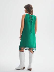 SHEIN LUNE Solid Fringe Hem Tank Dress - Green - View 4