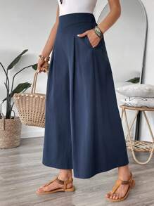 EMERY ROSE Women's Solid Color Pleated Wide Leg Loose Casual Pants - Navy Blue - View 6