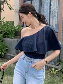 DAZY Elegant Asymmetric Shoulder Ruffle Trim Backless Blouse, Women Spring/Summer - Navy Blue - View 4