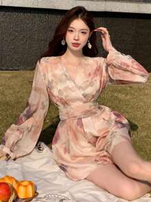 DAZY 女士碎花灯笼袖收腰连体裤，优雅假日夏季女式连体裤度假装 - 粉色 - 查看 5