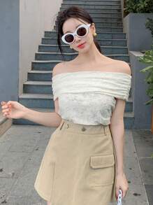 DAZY Women Off Shoulder Fitted One-Shoulder Short Sleeve Solid Color T-Shirt, Spring/Summer - White - View 5