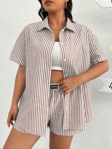 SHEIN EZwear 2pcs Woven Khaki & White Striped Women's Casual Shirt And Shorts Set