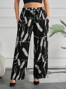 SHEIN Cottnline Plus Women Wide Leg Pants Allover Print With Pocket And Drawstring - Black and White - View 1